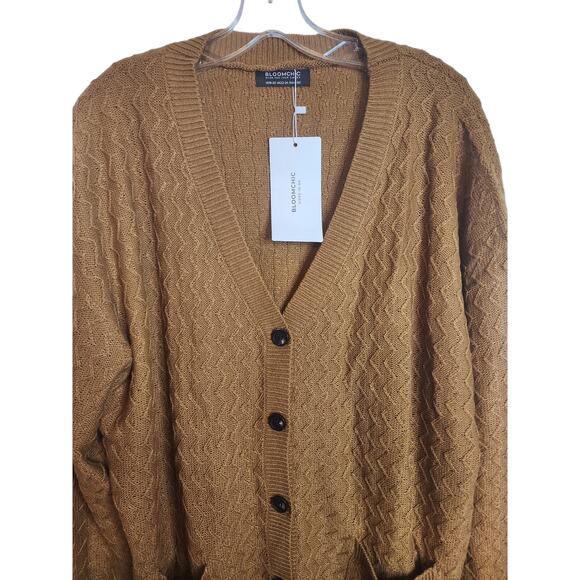 BloomChic Plain Pointelle Knit Geometric Crochet Pocket Button Front Cardigan 2X - Picture 3 of 7